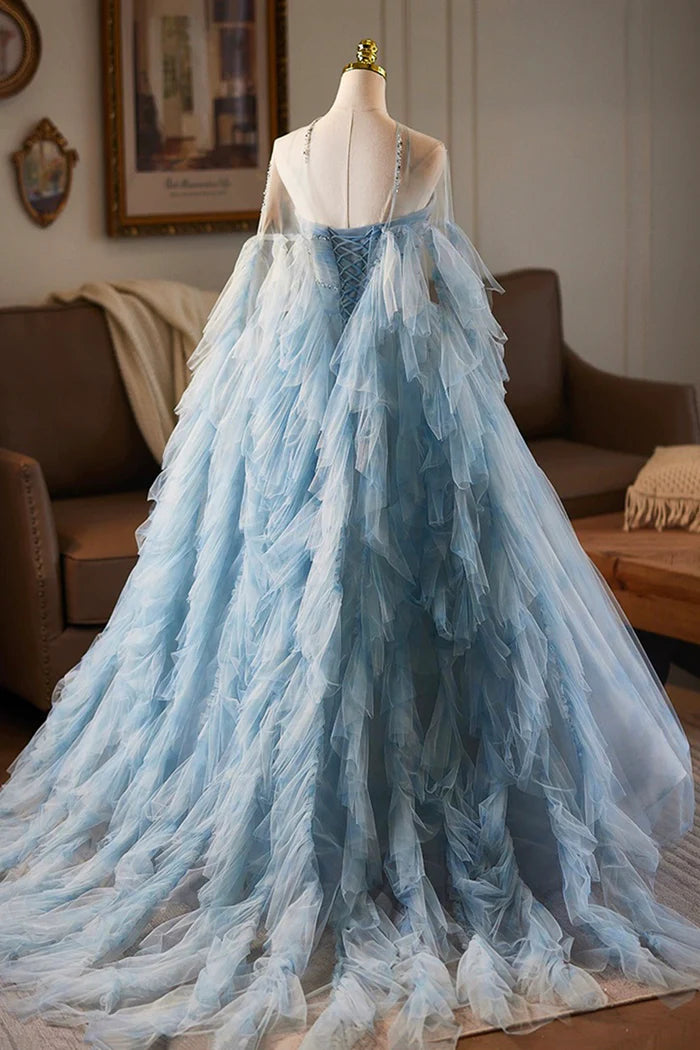 Blue Tulle Printed Pattern Long Prom Dress, Beautiful A-Line Party Dress with Cape