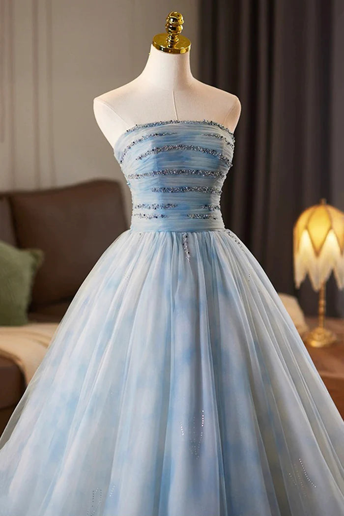 Blue Tulle Printed Pattern Long Prom Dress, Beautiful A-Line Party Dress with Cape