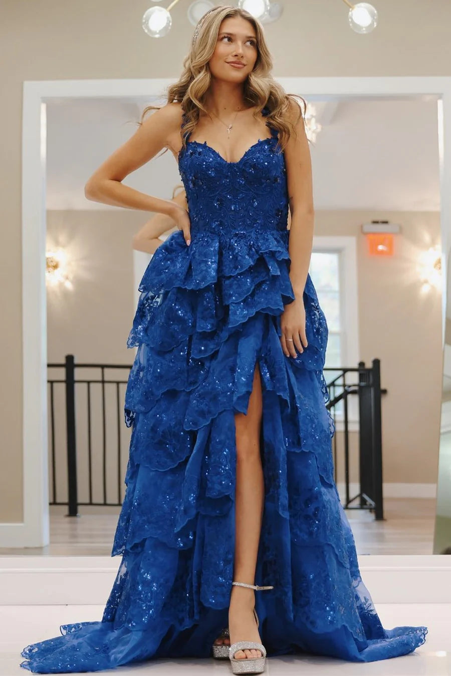 Blue Tulle Sequin Sweetheart Ruffle Tiered Long Gown