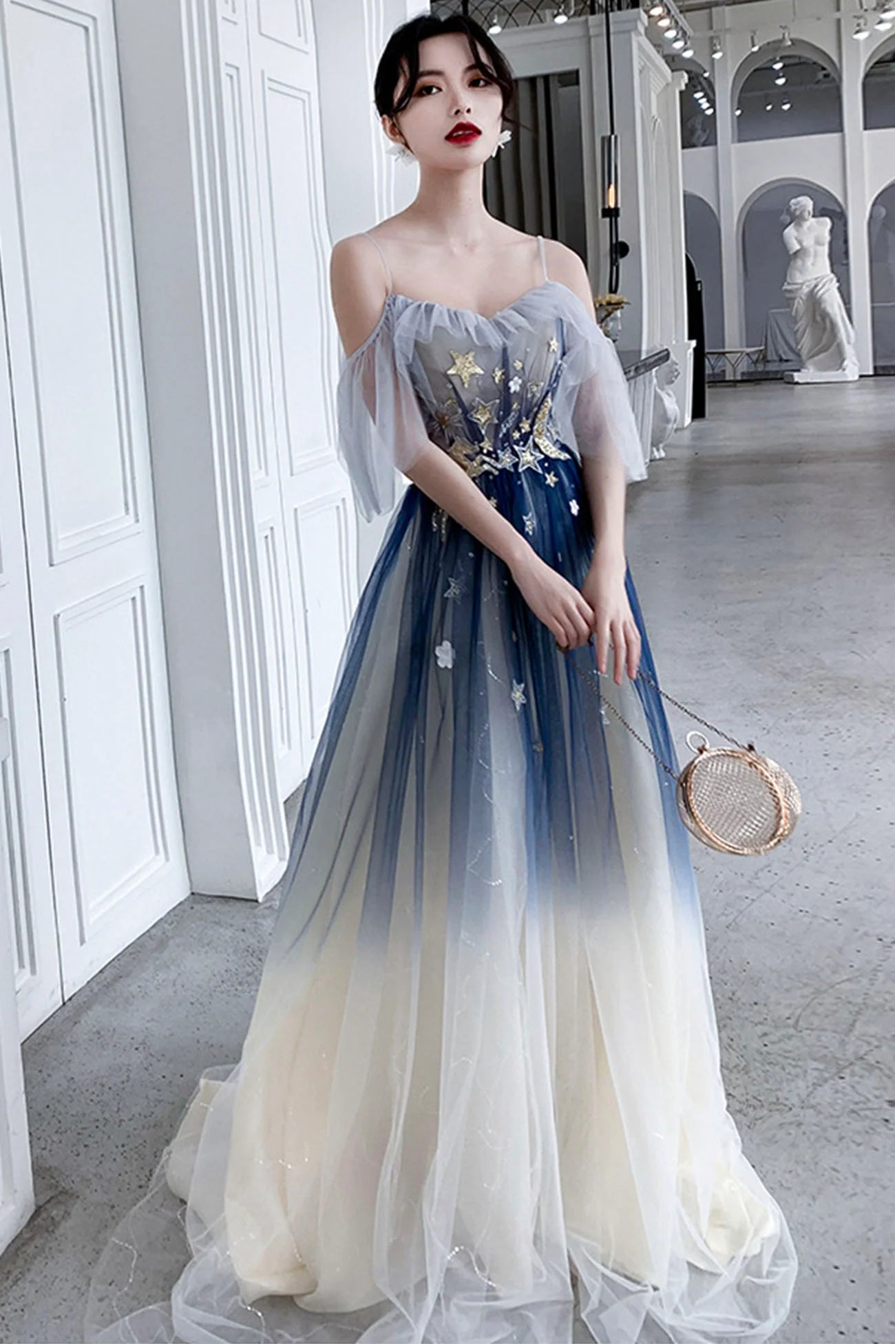 Blue Tulle Sequins Long Prom Dresses, A-Line Off the Shoulder Party Dresses