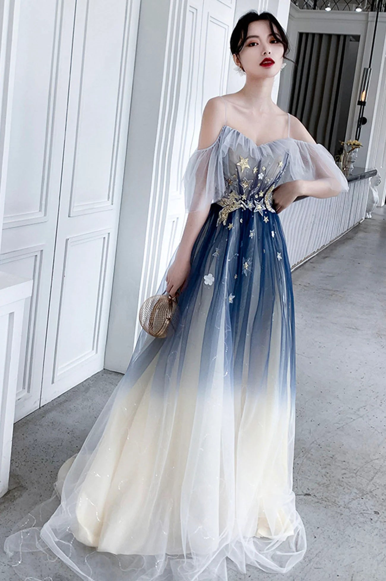 Blue Tulle Sequins Long Prom Dresses, A-Line Off the Shoulder Party Dresses