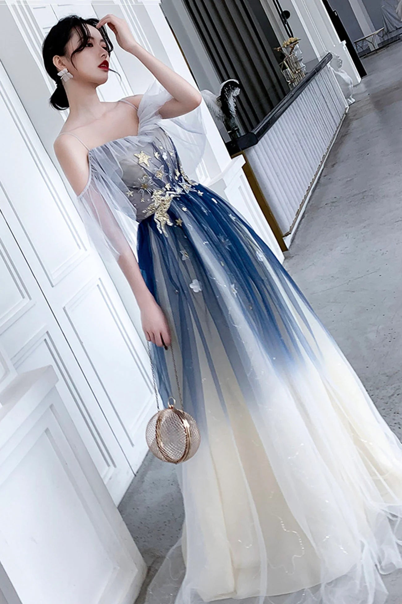 Blue Tulle Sequins Long Prom Dresses, A-Line Off the Shoulder Party Dresses