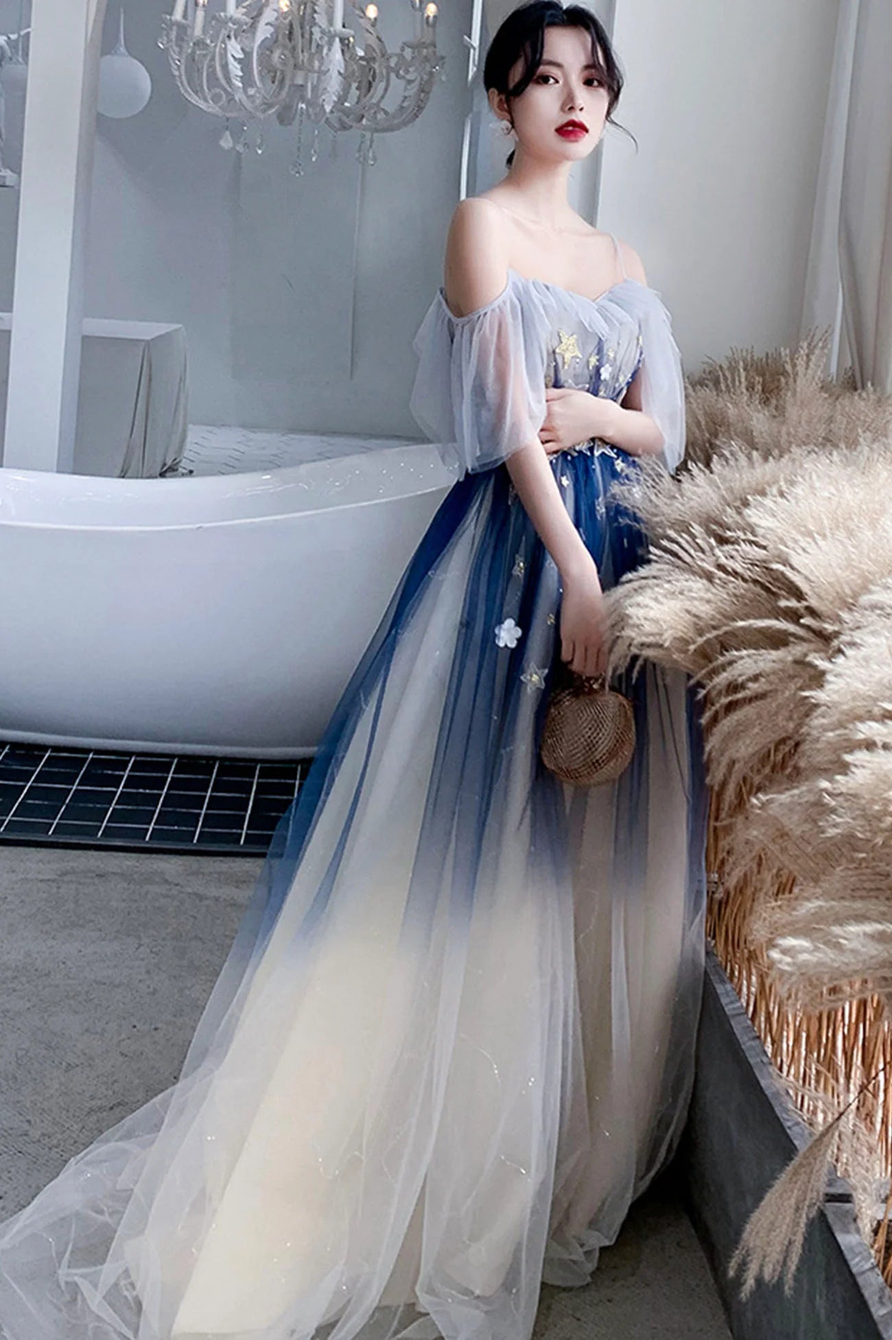 Blue Tulle Sequins Long Prom Dresses, A-Line Off the Shoulder Party Dresses