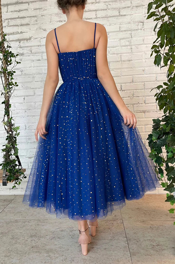 Blue Tulle Short A-Line Prom Dress, Cute Spaghetti Strap Homecoming Party Dress