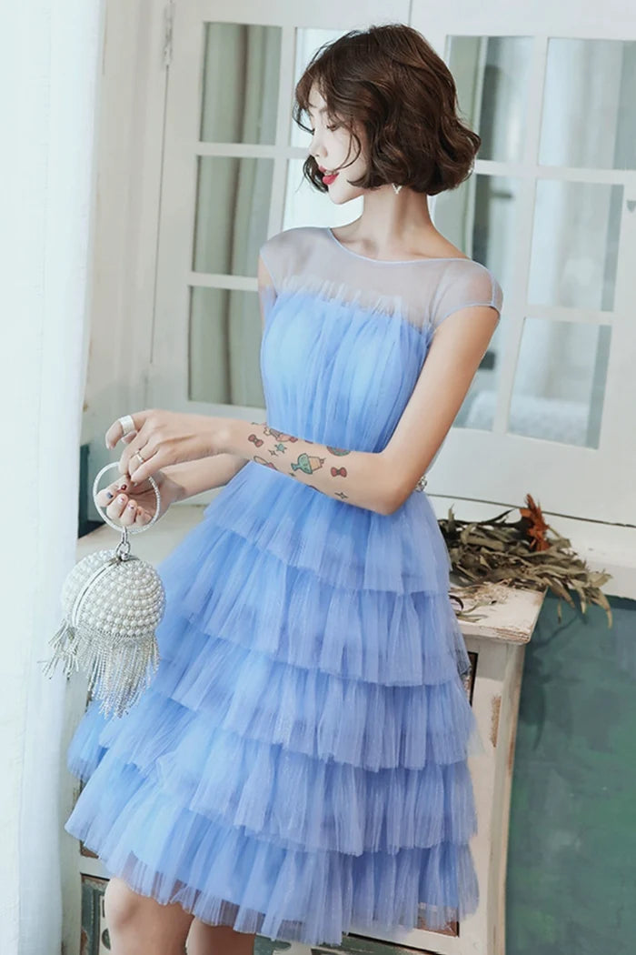 Blue Tulle Short Prom Dress, Cute Round Neck Layered Blue Party Dress