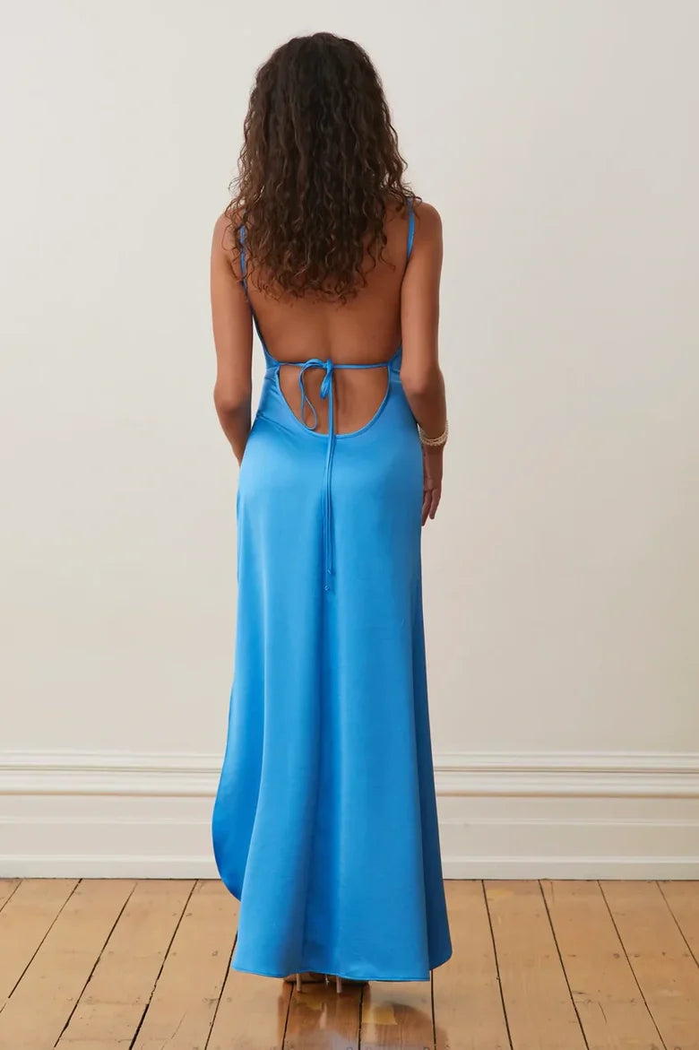 Blue V-Neck Sleeveless Backless Mermaid Party Prom Dress With Slit