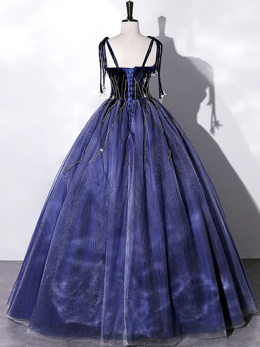 Blue Velvet Tulle Long Prom Dress, A-Line Evening Party Dress