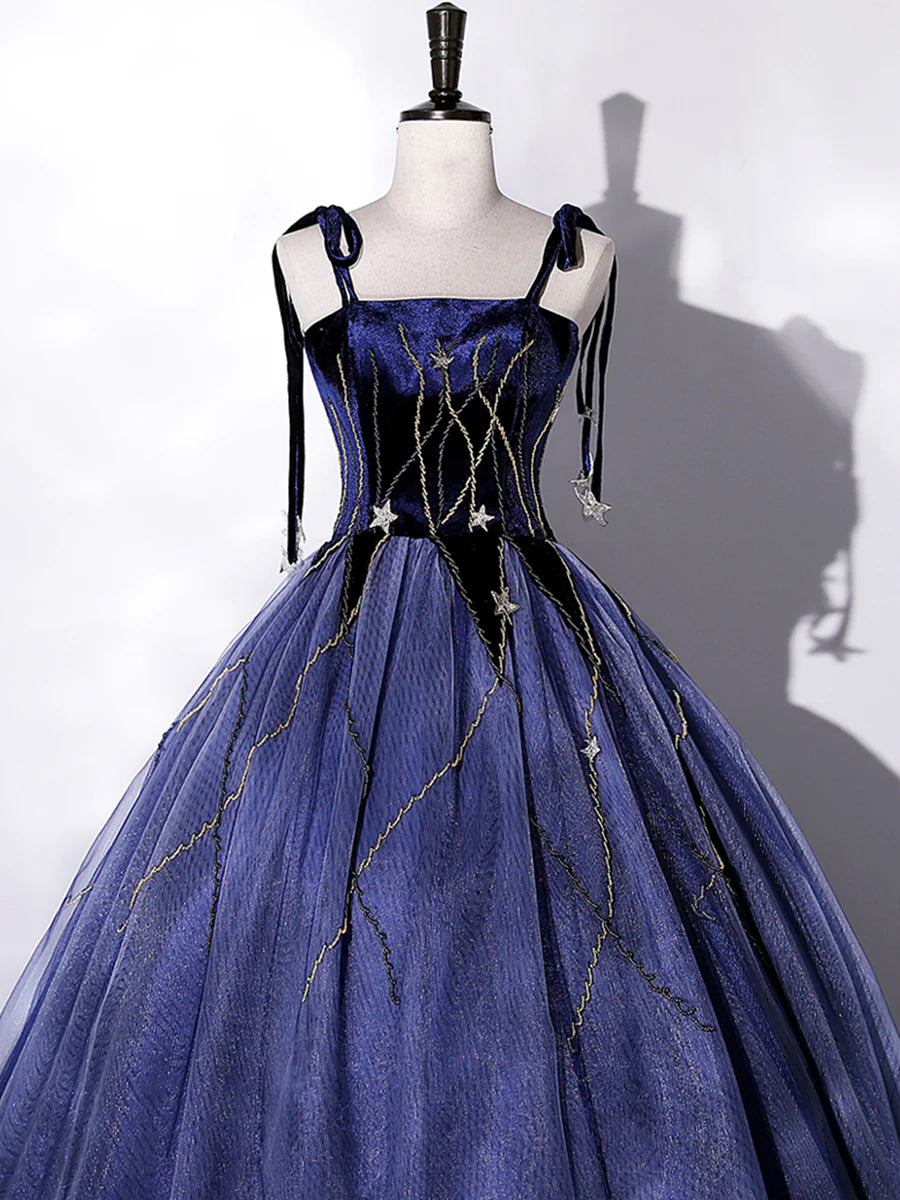 Blue Velvet Tulle Long Prom Dress, A-Line Evening Party Dress