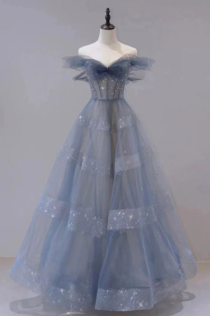 Blue chiffon beautifully designed unique long A-line ball gown
