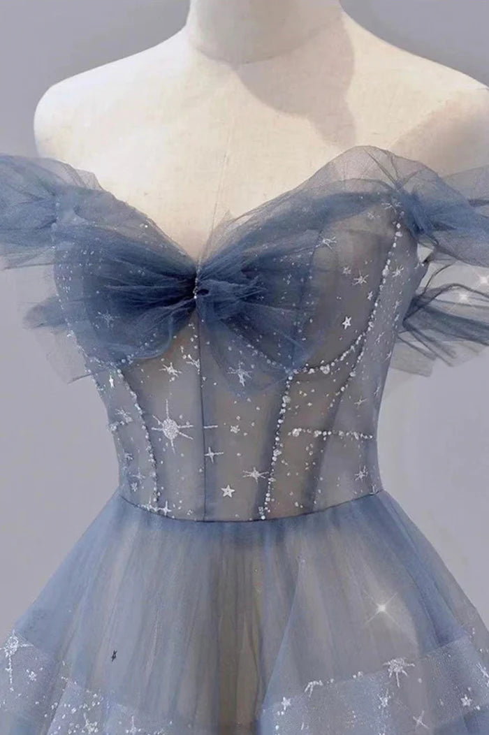 Blue chiffon beautifully designed unique long A-line ball gown