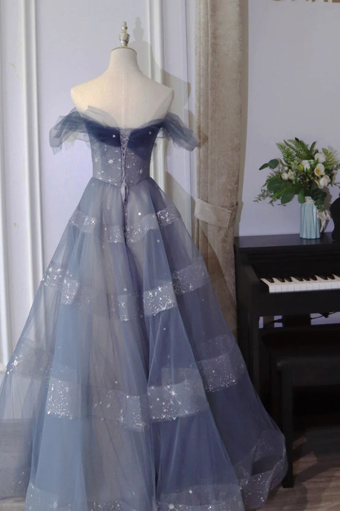 Blue chiffon beautifully designed unique long A-line ball gown