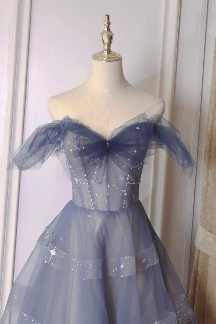 Blue chiffon beautifully designed unique long A-line ball gown