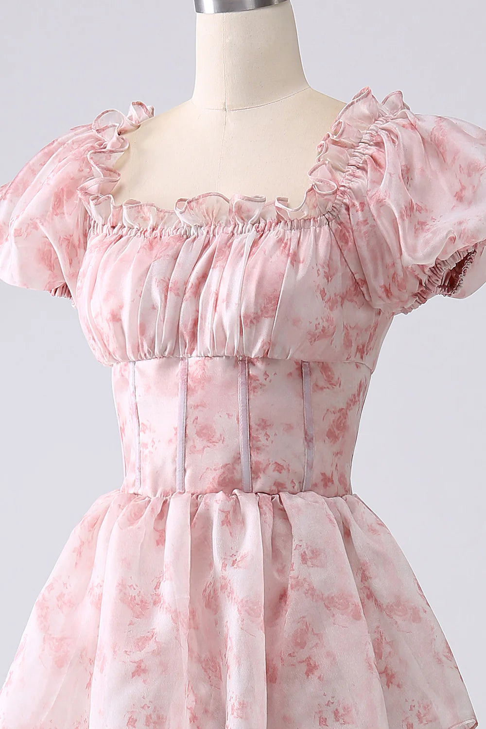 Blush A-Line Tiered Corset Prom Dress With Puff Sleeves