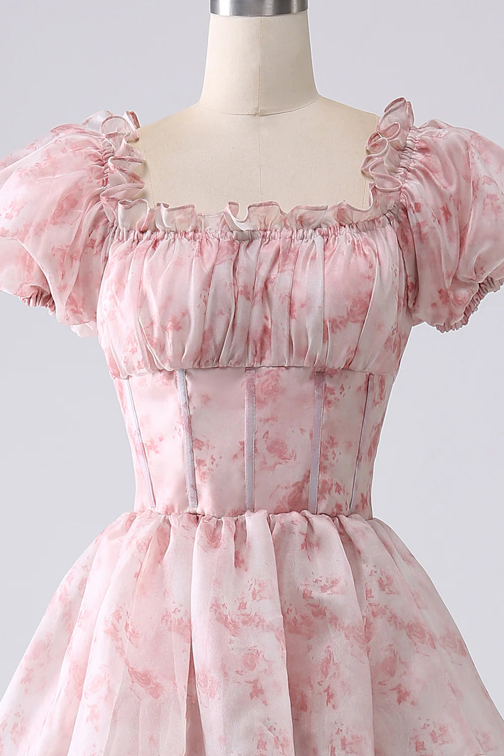 Blush A-Line Tiered Corset Prom Dress With Puff Sleeves