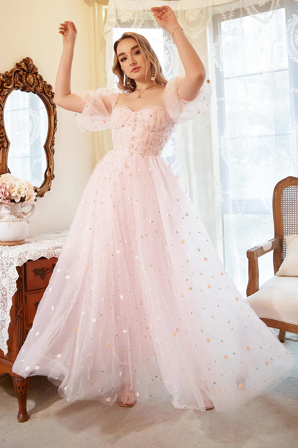 Blush A-Line Tulle Shot Sleeve Full Of Charm Prom Dress