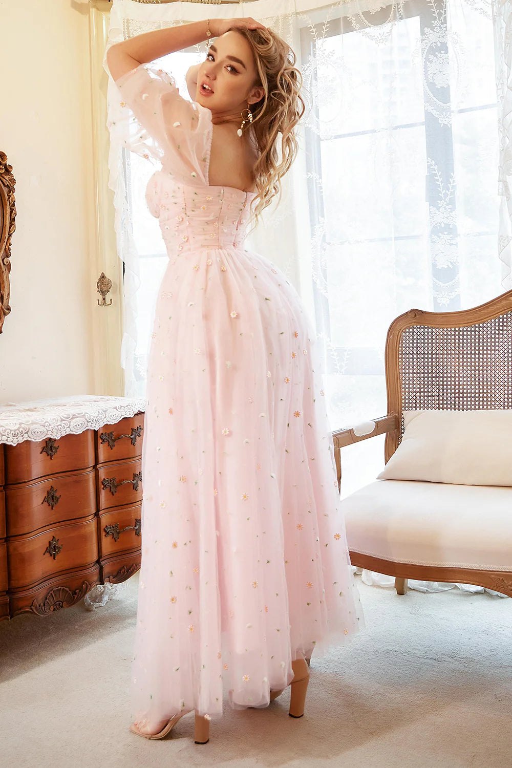 Blush A-Line Tulle Shot Sleeve Full Of Charm Prom Dress