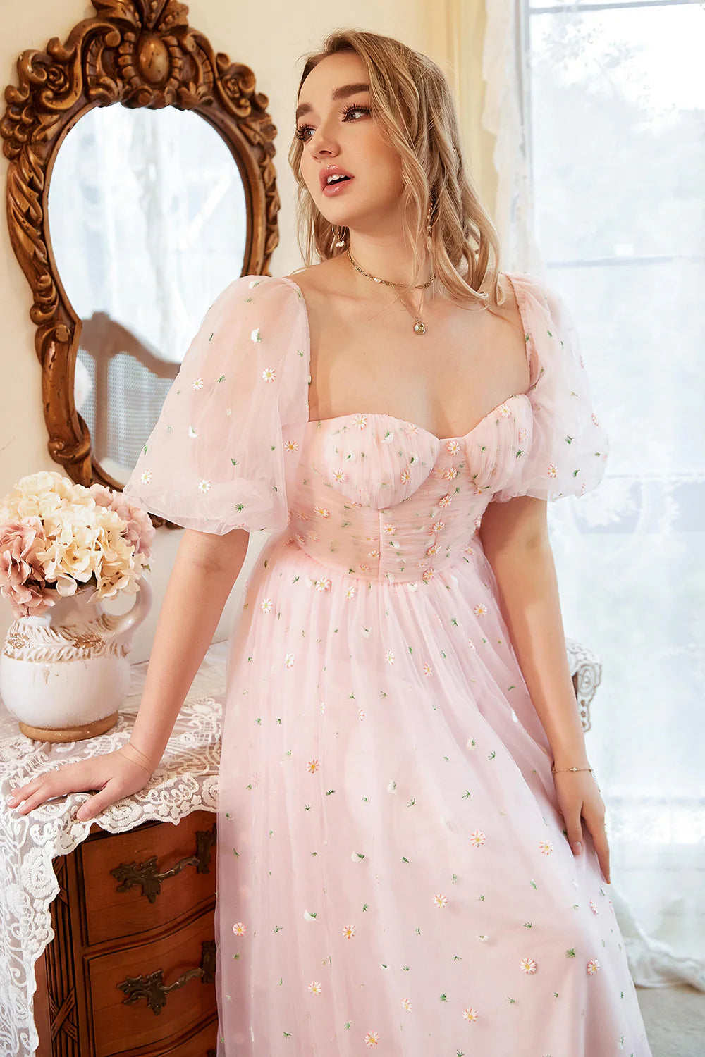 Blush A-Line Tulle Shot Sleeve Full Of Charm Prom Dress