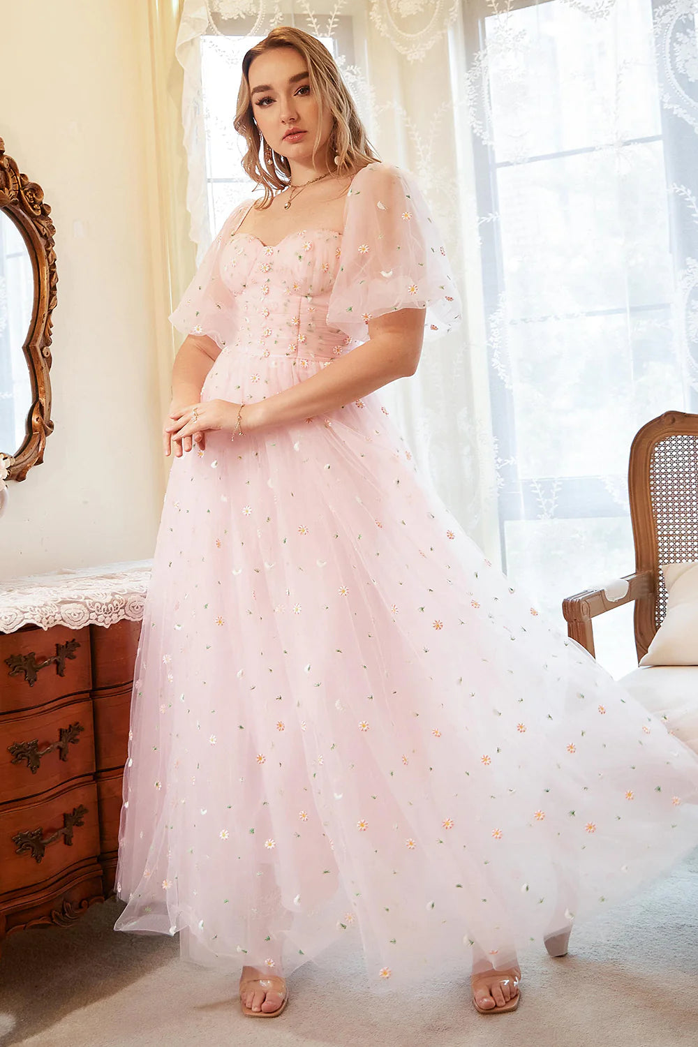 Blush A-Line Tulle Shot Sleeve Full Of Charm Prom Dress