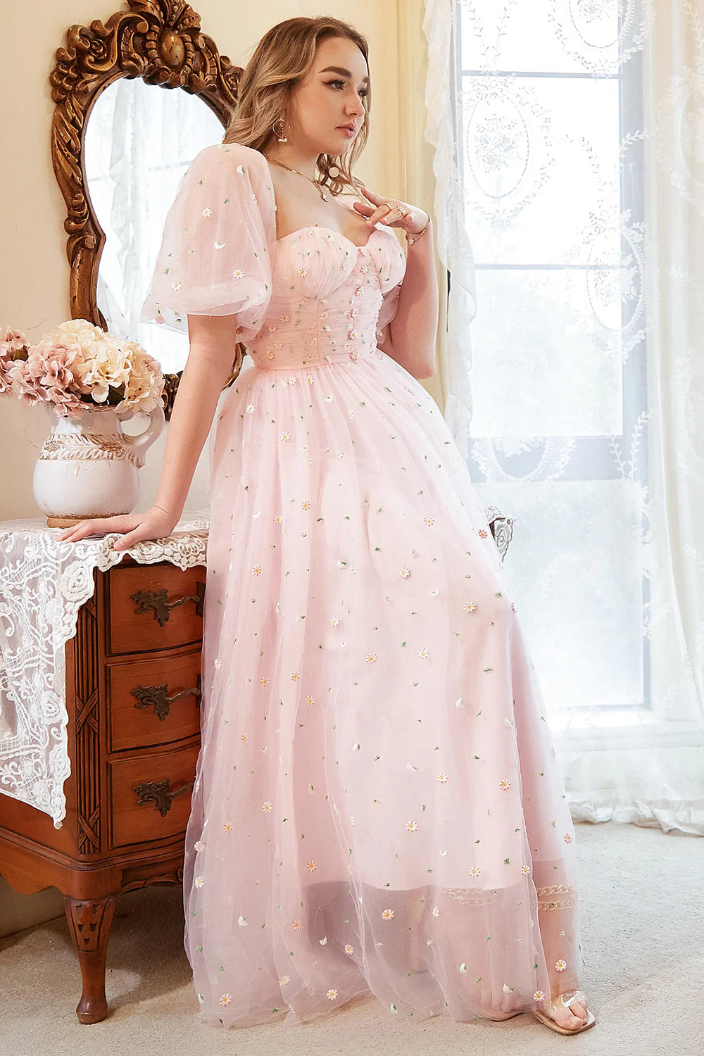 Blush A-Line Tulle Shot Sleeve Full Of Charm Prom Dress