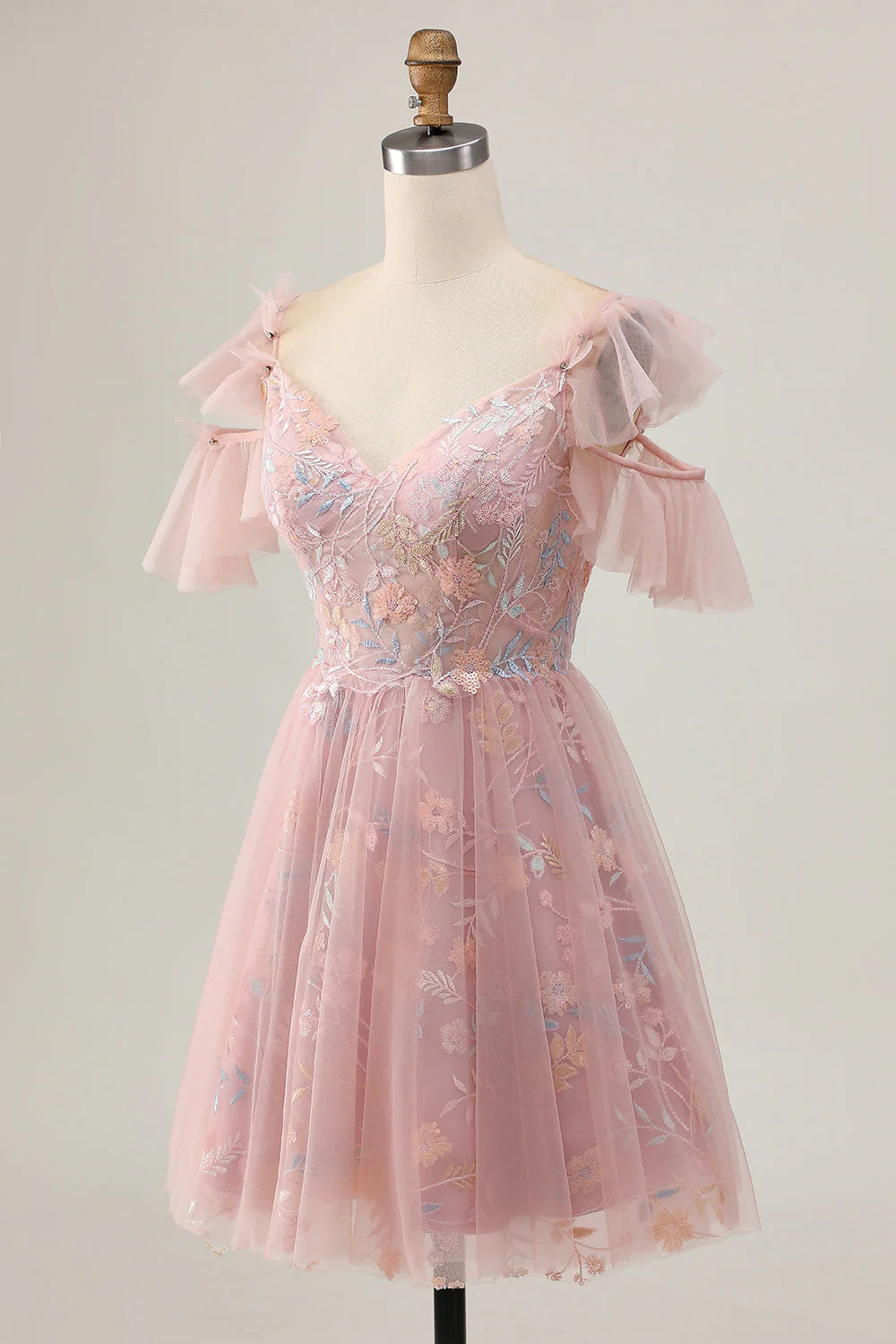 Blush A Line Cold Shoulder Floral Short Homecoming Dress with Appliques