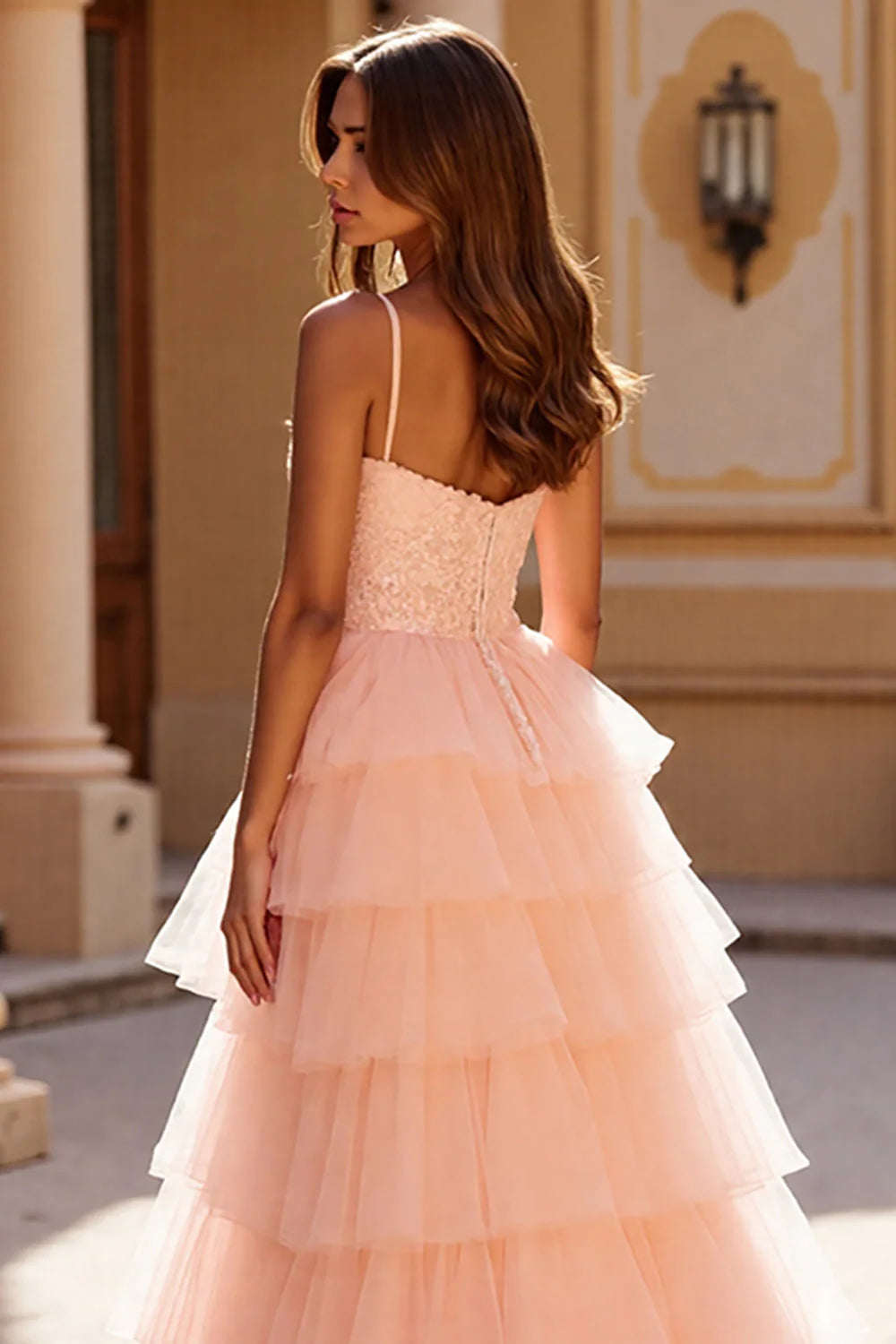 Blush A Line Tulle Long Tiered Prom Dress with Appliques