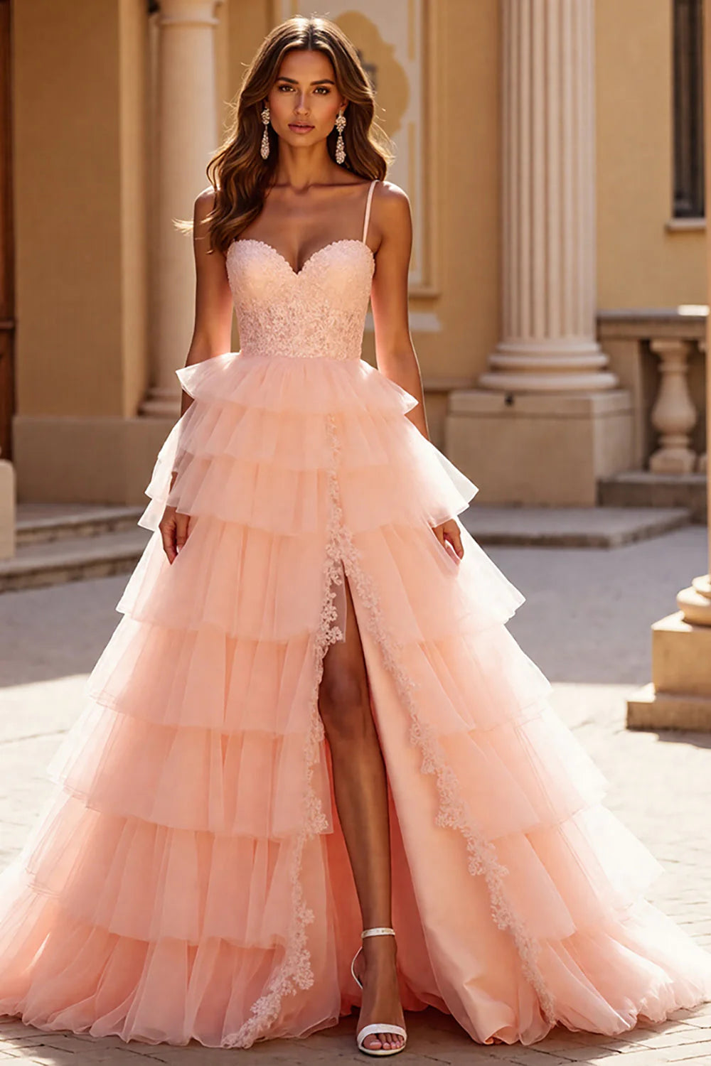 Blush A Line Tulle Long Tiered Prom Dress with Appliques