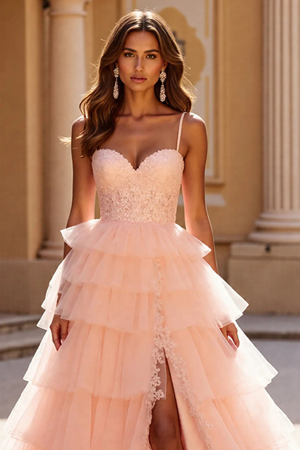 Blush A Line Tulle Long Tiered Prom Dress with Appliques