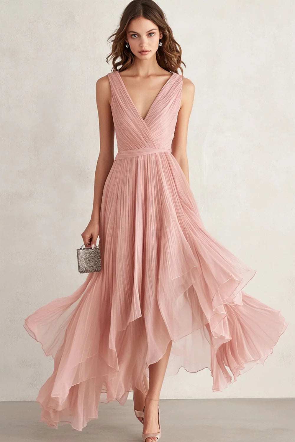 Blush A Line V-Neck Asymmetrical Prom Dress with Pleats