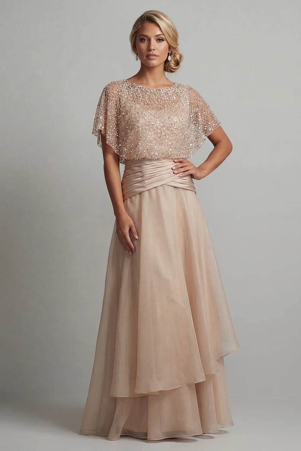 Blush Chiffon A-Line Jewel-Neck Beaded Capelet Floor Length Mother of the Bride Dress