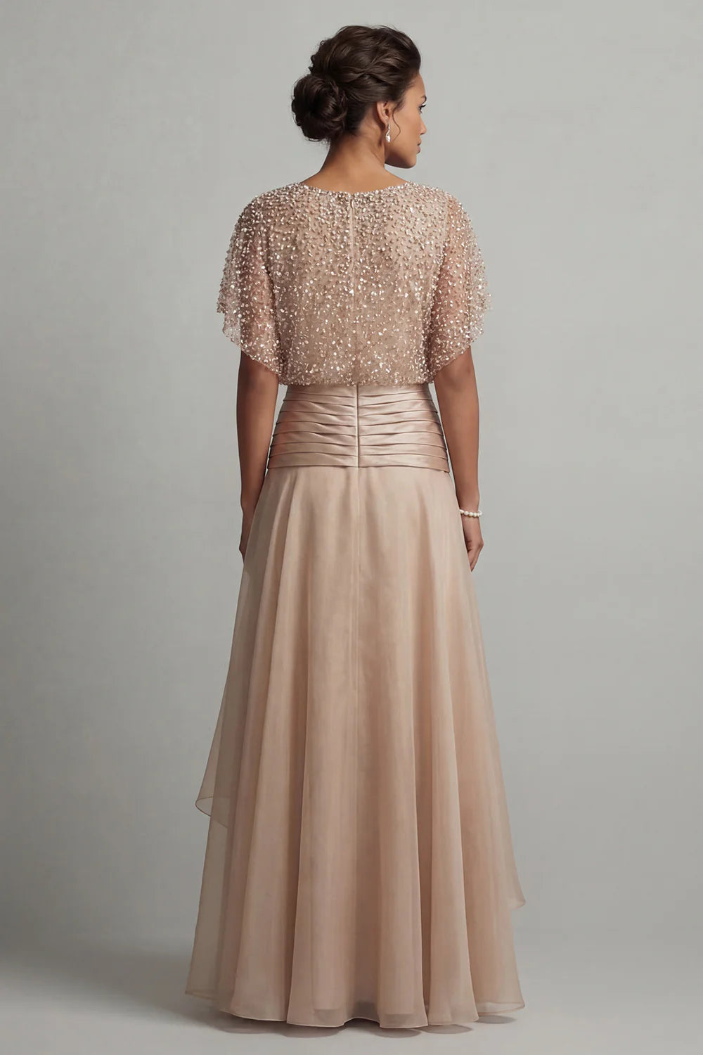 Blush Chiffon A-Line Jewel-Neck Beaded Capelet Floor Length Mother of the Bride Dress
