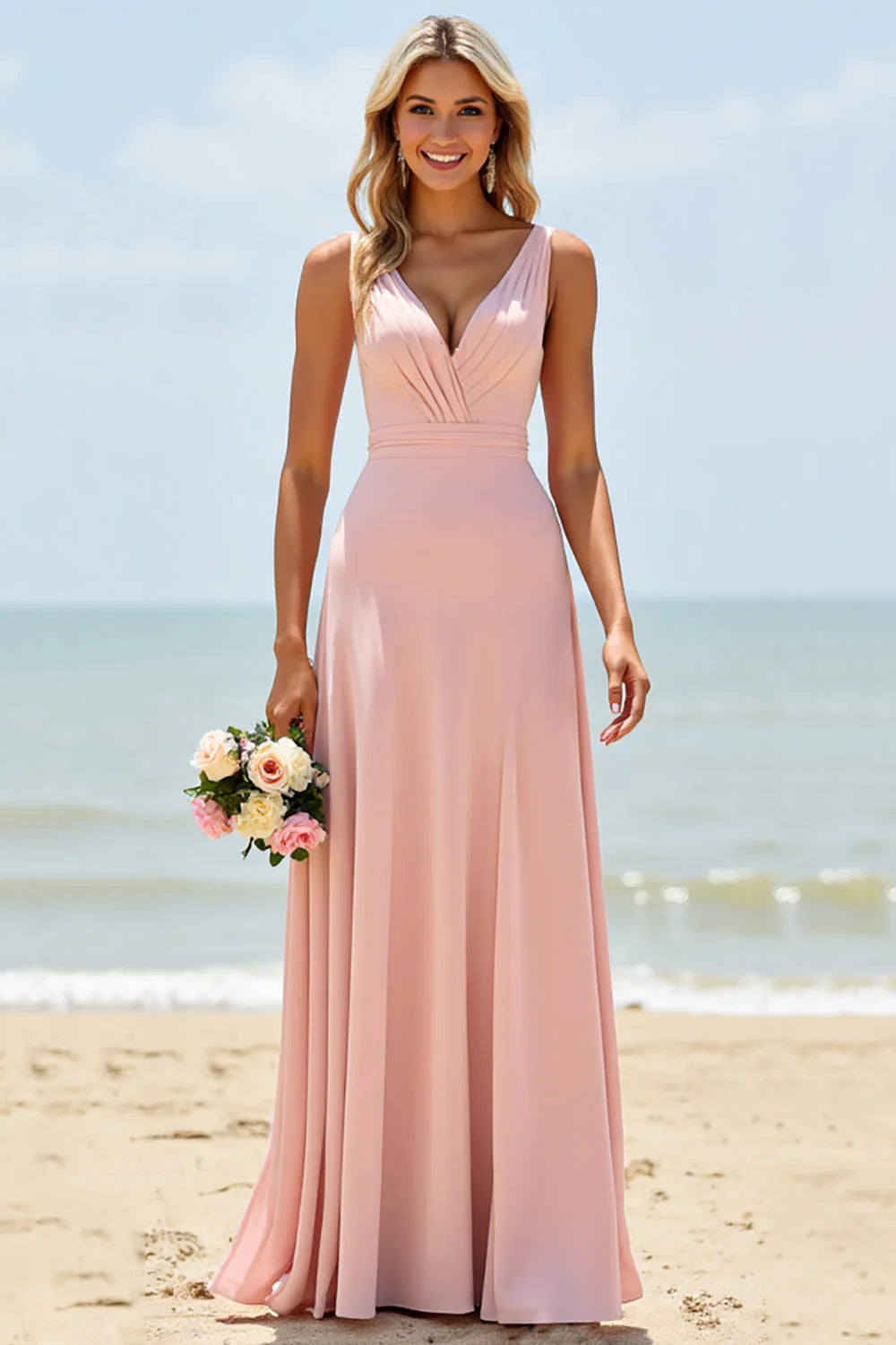 Blush Deep V-Neck Long A Line Bridesmaid Dress