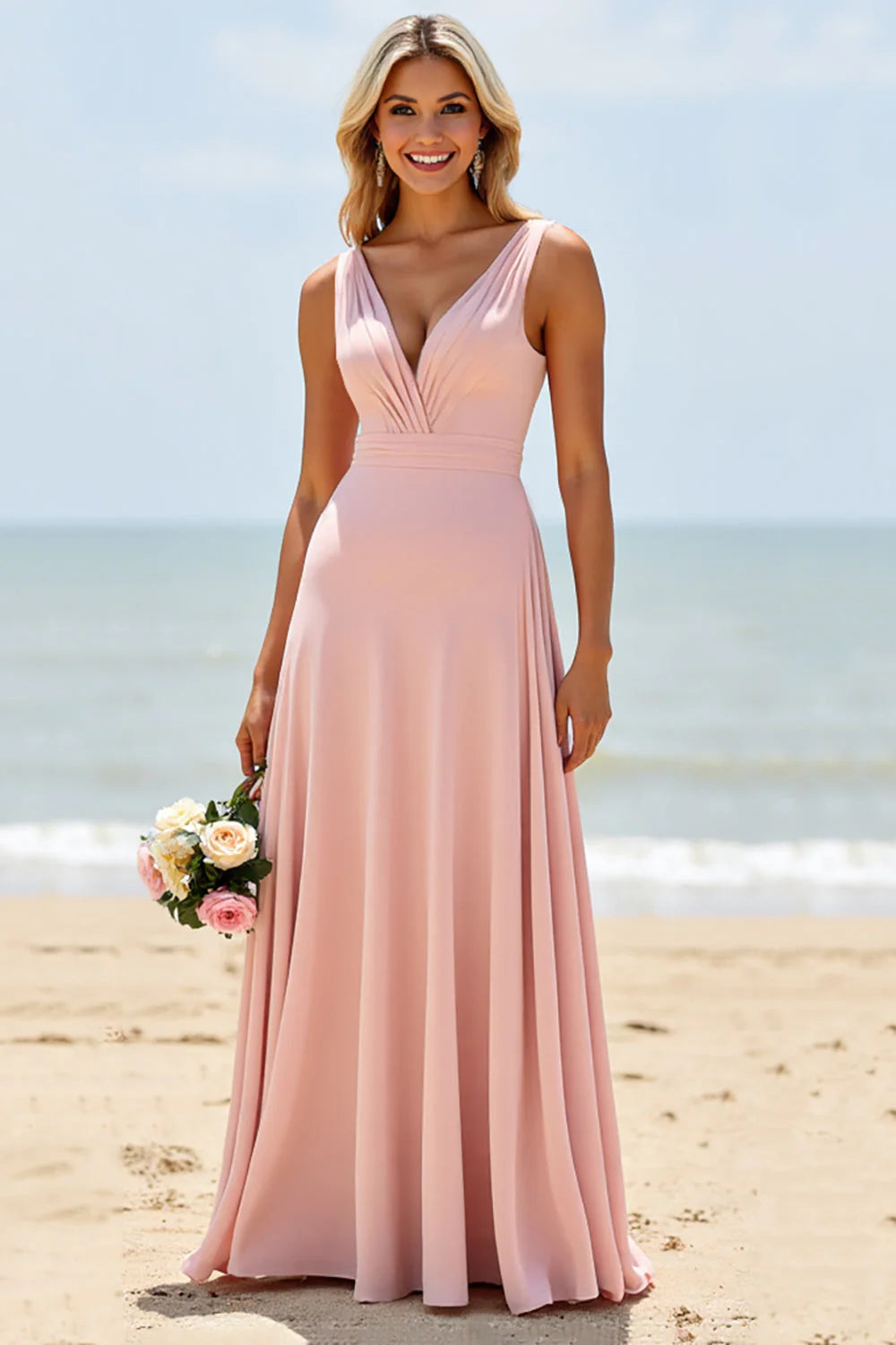 Blush Deep V-Neck Long A Line Bridesmaid Dress