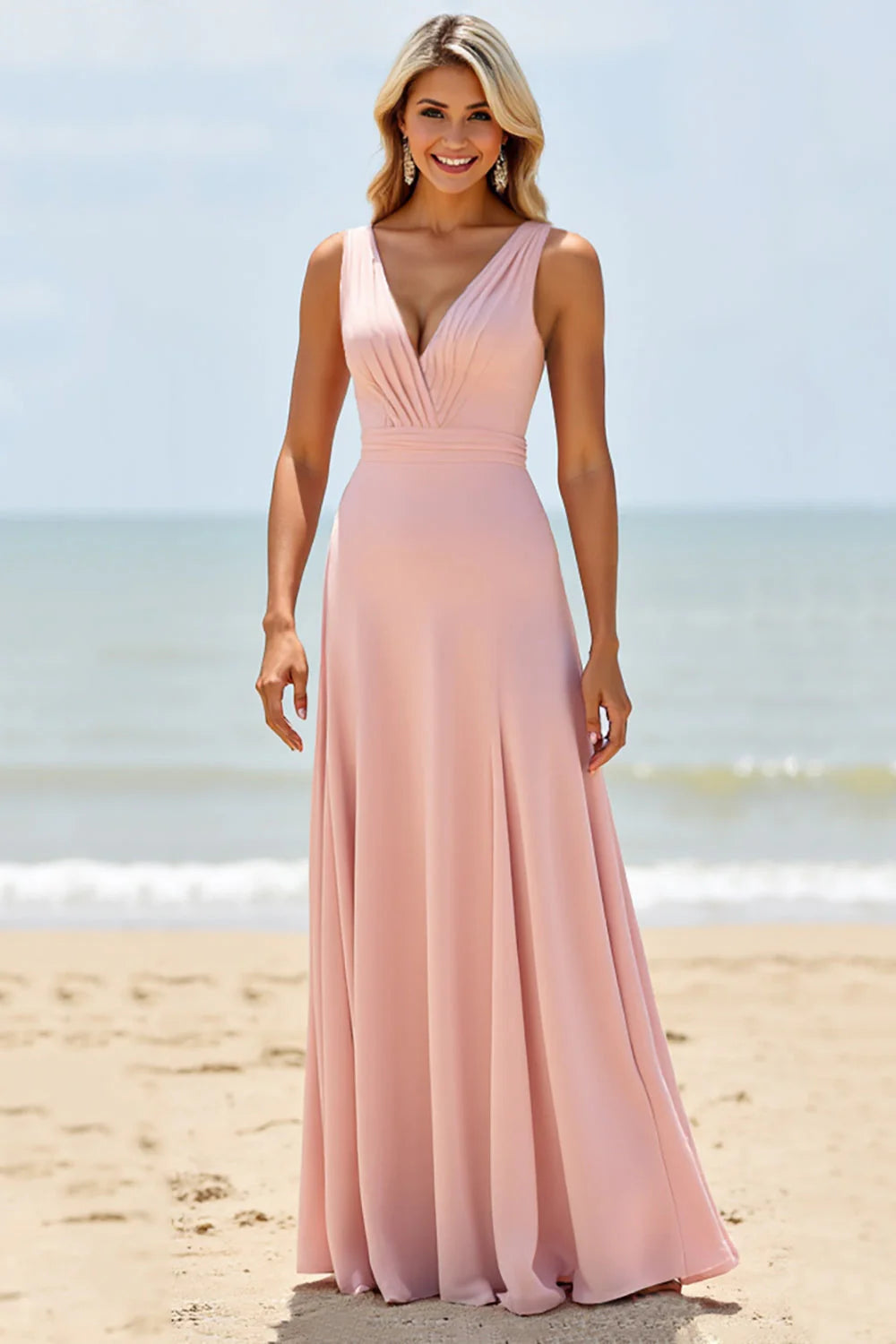 Blush Deep V-Neck Long A Line Bridesmaid Dress