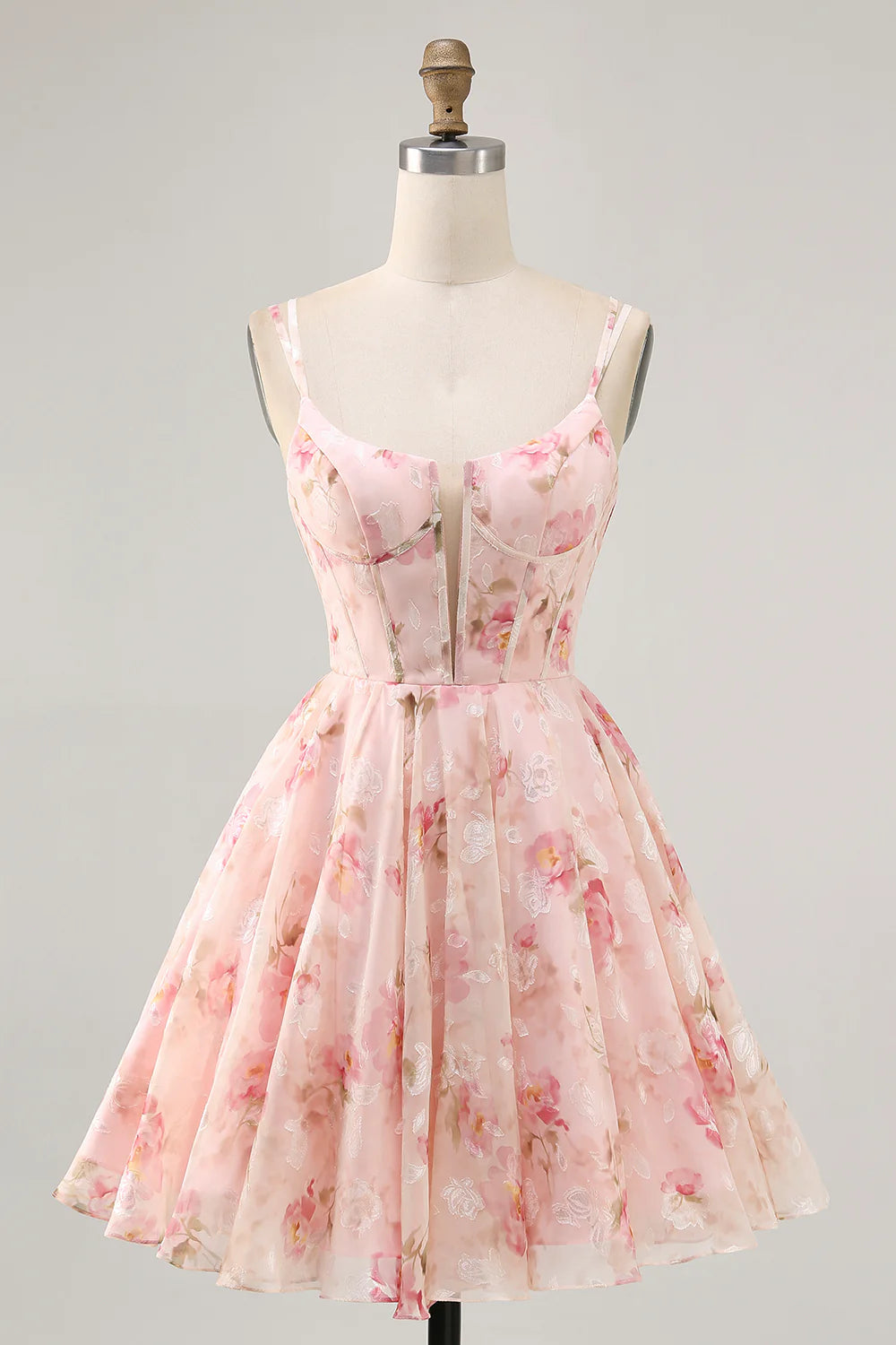 Blush Floral A Line Chiffon Short Corset Homecoming Dress