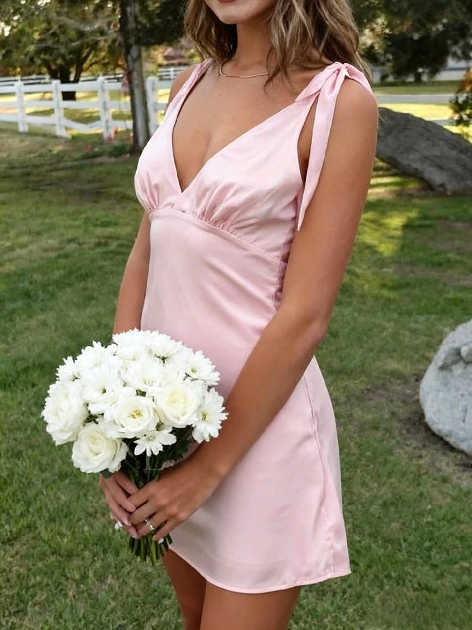 Blush Gloss Satin Tie Spaghetti Strap Deep V Back Wrap Mini Homecoming Dresses
