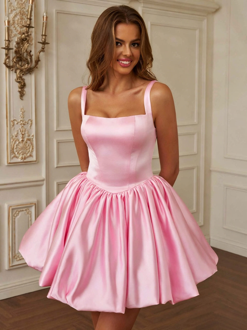 Blush Gloss Satin Wide Strap Square Neck Corset Lace-Up Bubble Hem A-Line Mini Homecoming Dresses