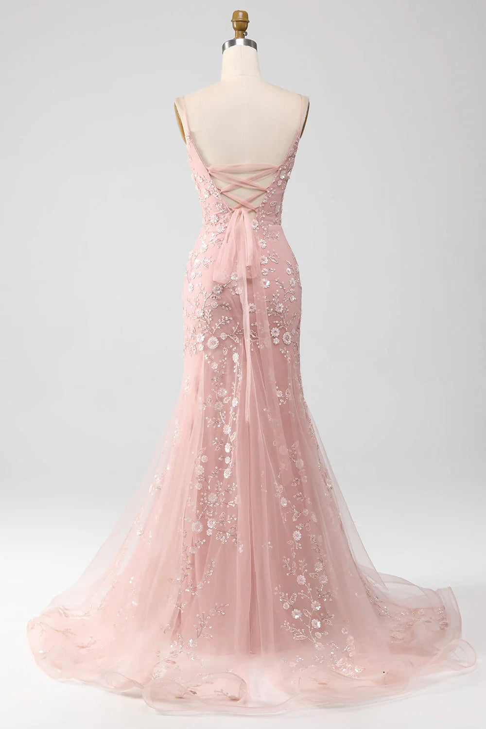 Blush Mermaid Spaghetti Straps Long Prom Dress with Appliques