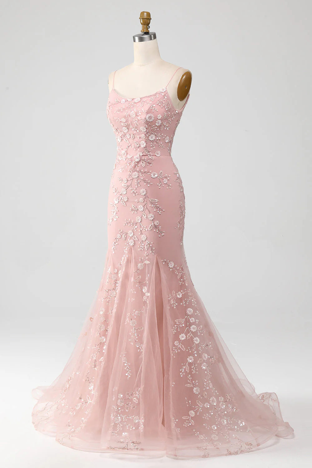 Blush Mermaid Spaghetti Straps Long Prom Dress with Appliques