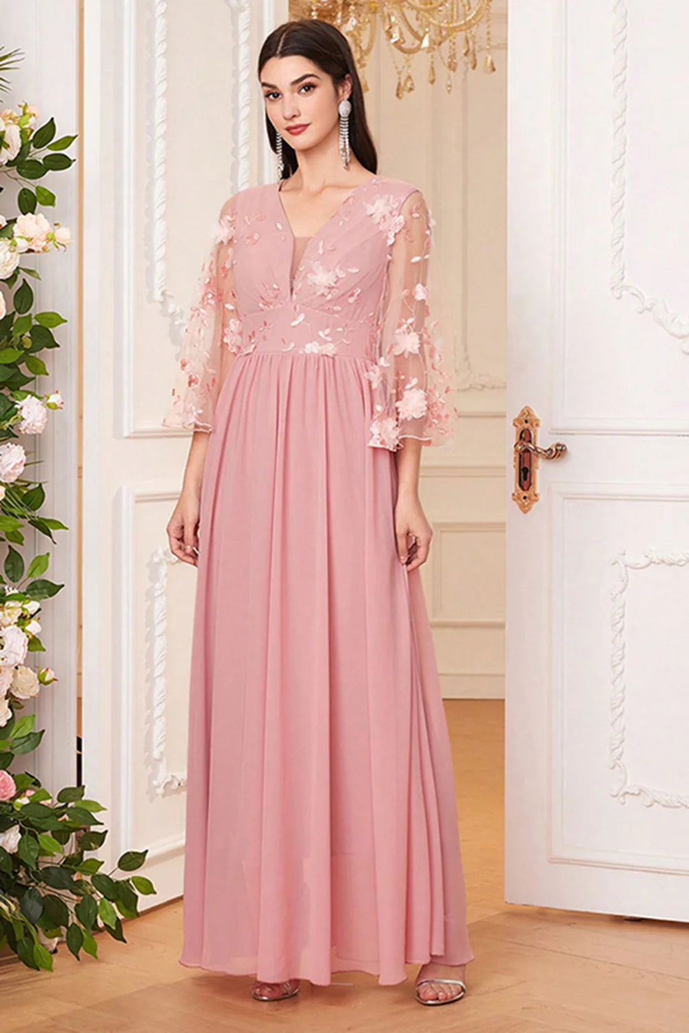 Blush Pink A Line Long Mother Of The Bride Dress With Flowers