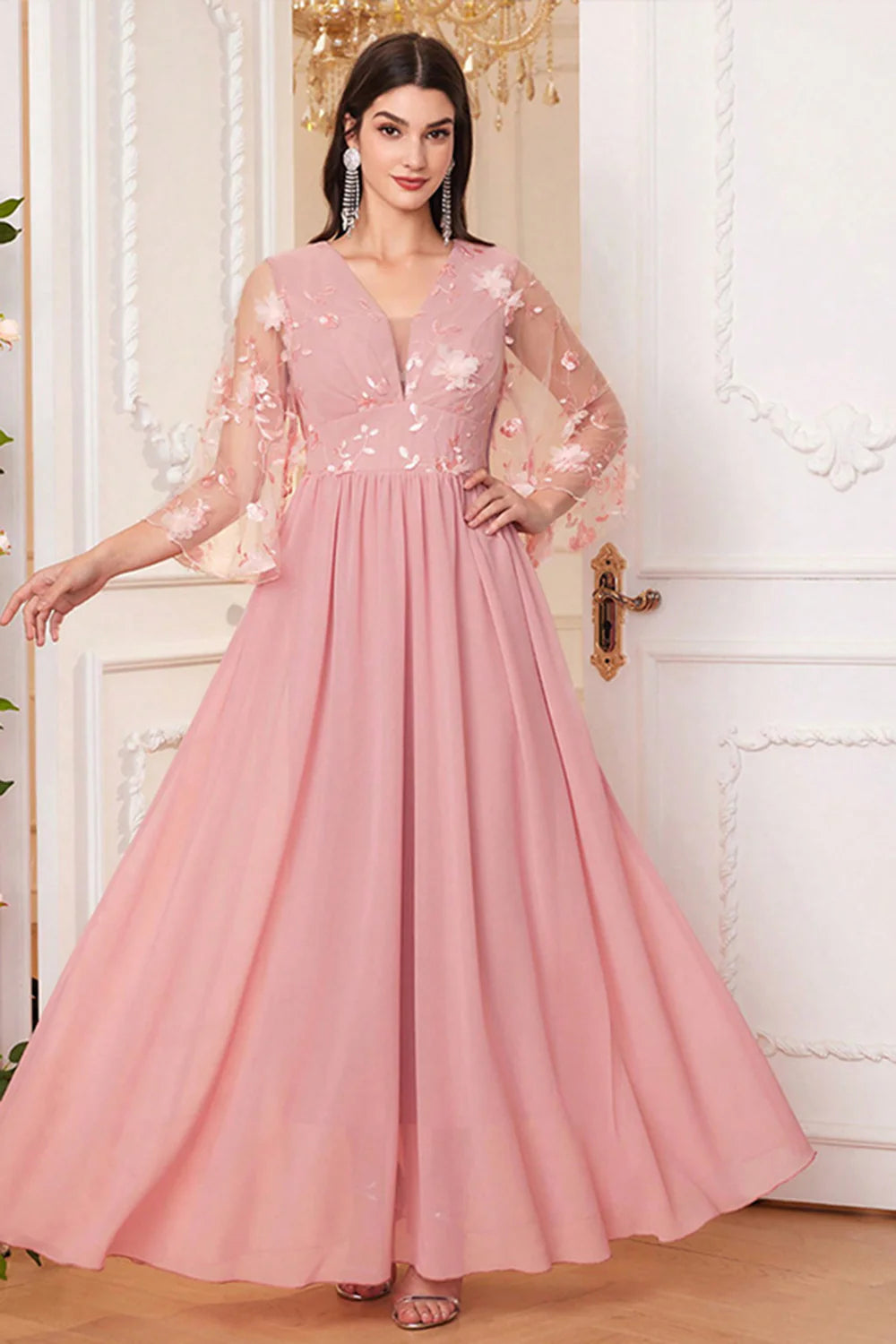 Blush Pink A Line Long Mother Of The Bride Dress With Flowers