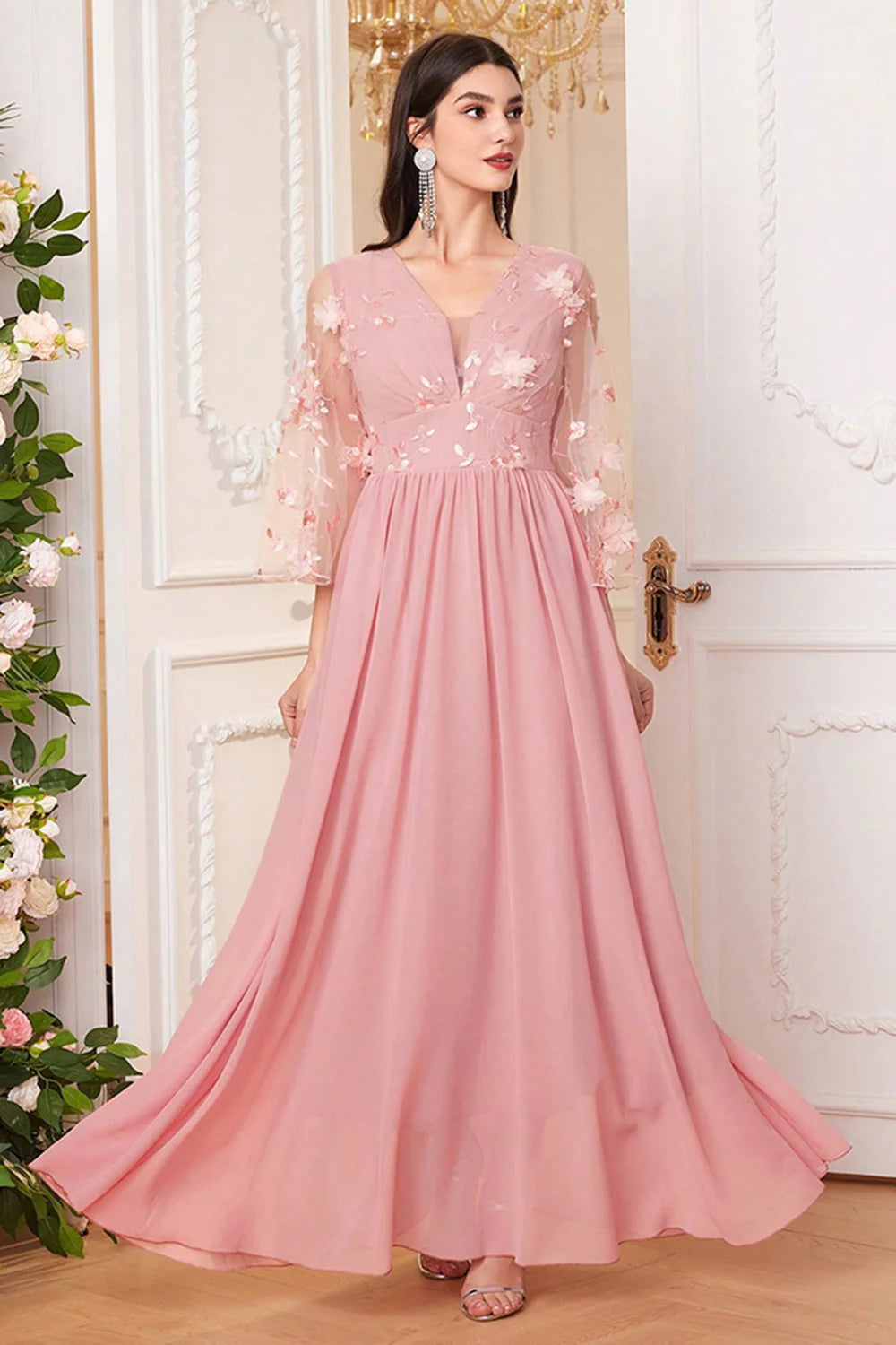 Blush Pink A Line Long Mother Of The Bride Dress With Flowers