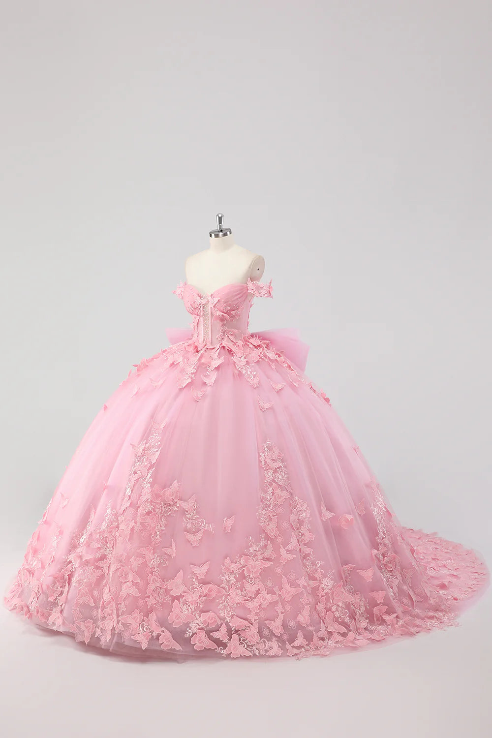 Blush Pink Ball Gown Off The Shoulder Quinceanera Dress with 3D Butterflies