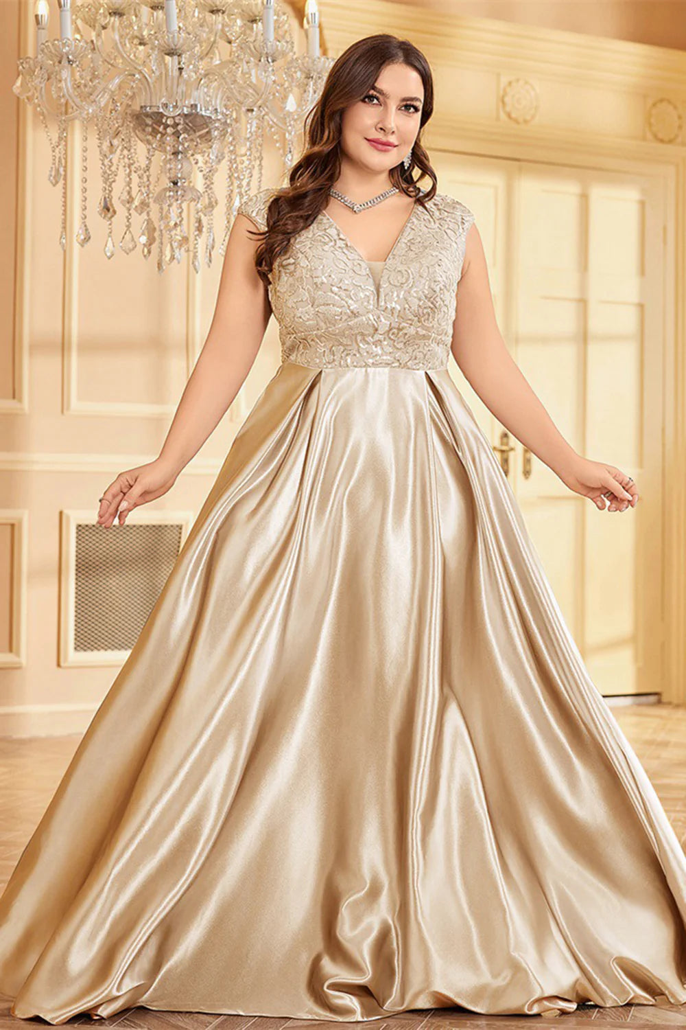 Blush Pink Plus Size Satin Long Mother Of The Bride Dress