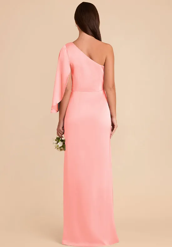 Blush Pink Satin One Shoulder Flounce Sleeve High Slit Column Floor Length Bridesmaid Dresses