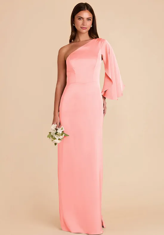Blush Pink Satin One Shoulder Flounce Sleeve High Slit Column Floor Length Bridesmaid Dresses