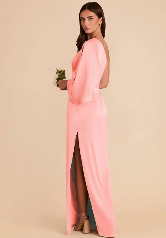 Blush Pink Satin One Shoulder Flounce Sleeve High Slit Column Floor Length Bridesmaid Dresses