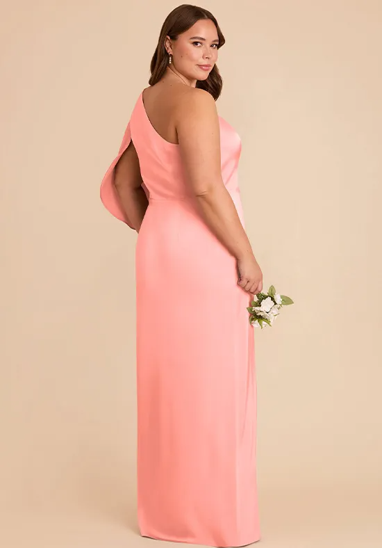 Blush Pink Satin One Shoulder Flounce Sleeve High Slit Column Floor Length Bridesmaid Dresses