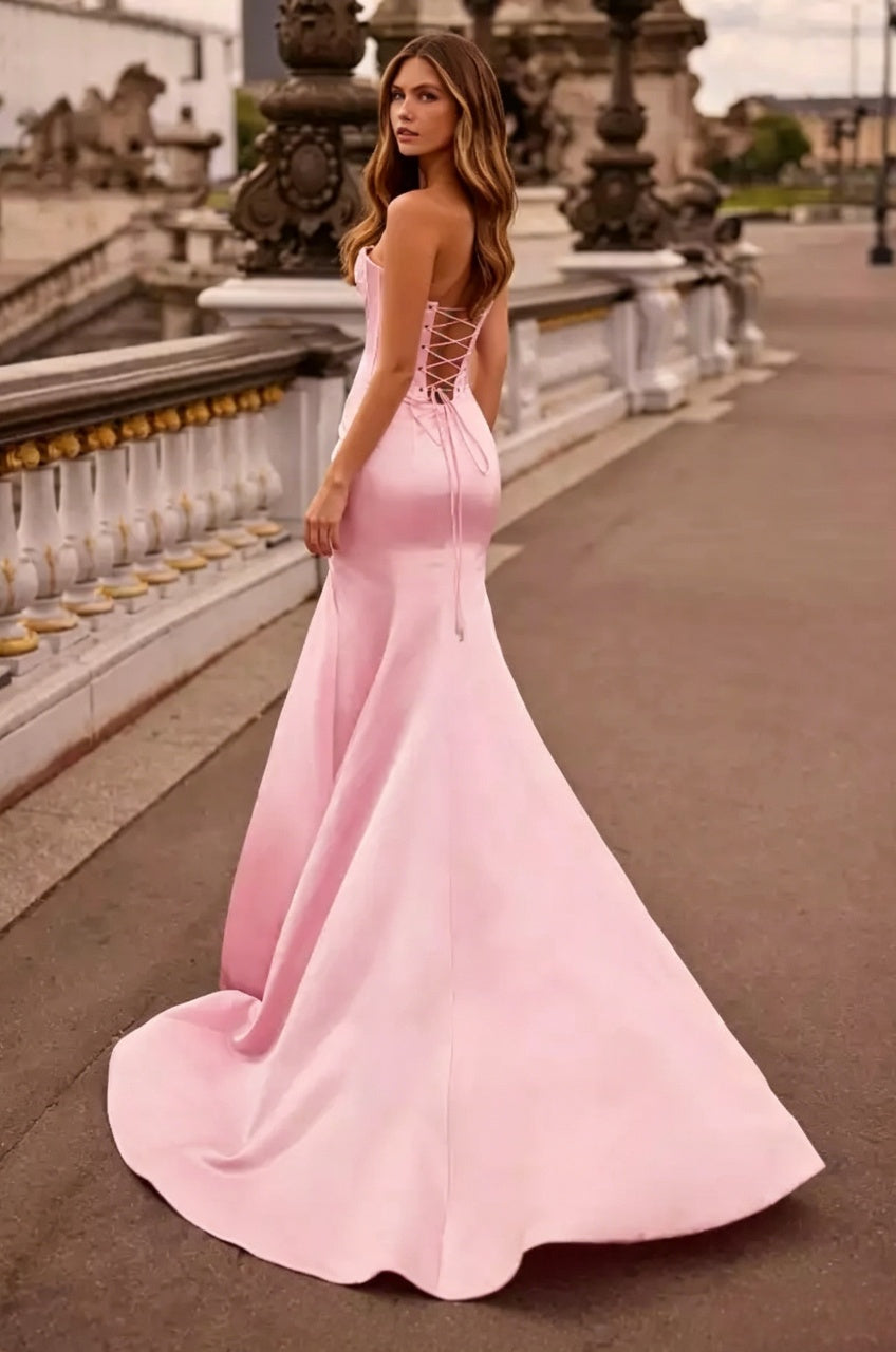Blush Pink Satin Strapless Lace Corset High Slit Lace-Up Back Mermaid Evening Dresses