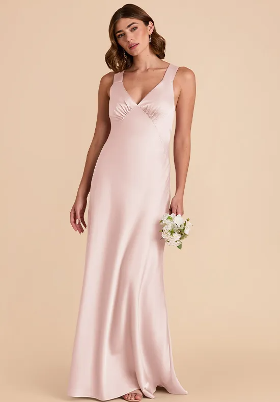 Blush Pink Satin Wide Strap Ruched V-Neck Cross Back Mermaid Floor Length Plus Size Bridesmaid Dresses
