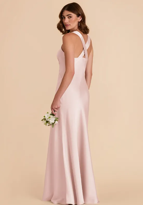 Blush Pink Satin Wide Strap Ruched V-Neck Cross Back Mermaid Floor Length Plus Size Bridesmaid Dresses